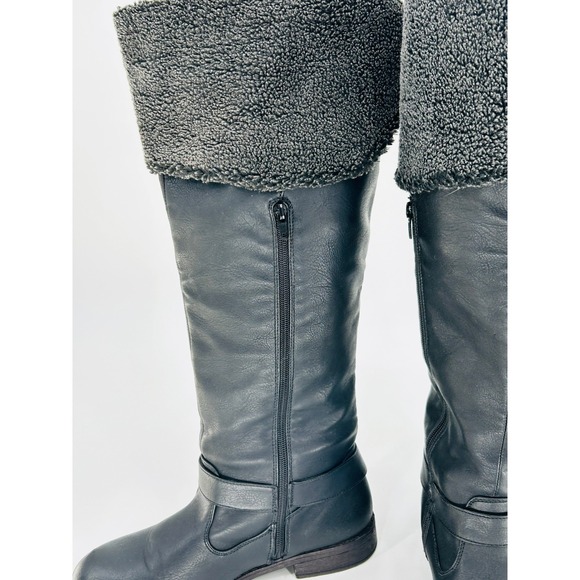 Women's Black Knee-High Winter Boots Shearling Cuff Flat Moto Utility Size 9 - Picture 6 of 11